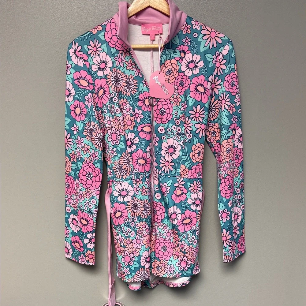Sugar Thrillz Floral Zip Front Bodysuit NWT Size M Pink Blue - Picture 1 of 5